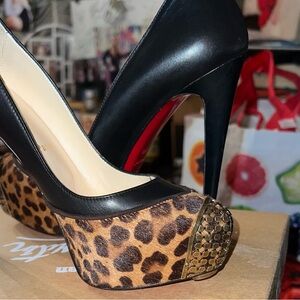 Christian Louboutin Black and Leopard Heels with Gold Detail